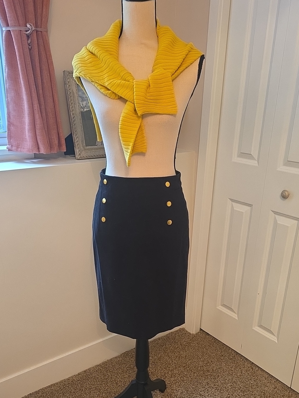 Women's Black Pencil Skirt with Gold Button Detail
